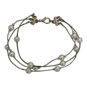 7.25" Triple Strand Chain and Bead Pattern Bracelet Silver/White Women